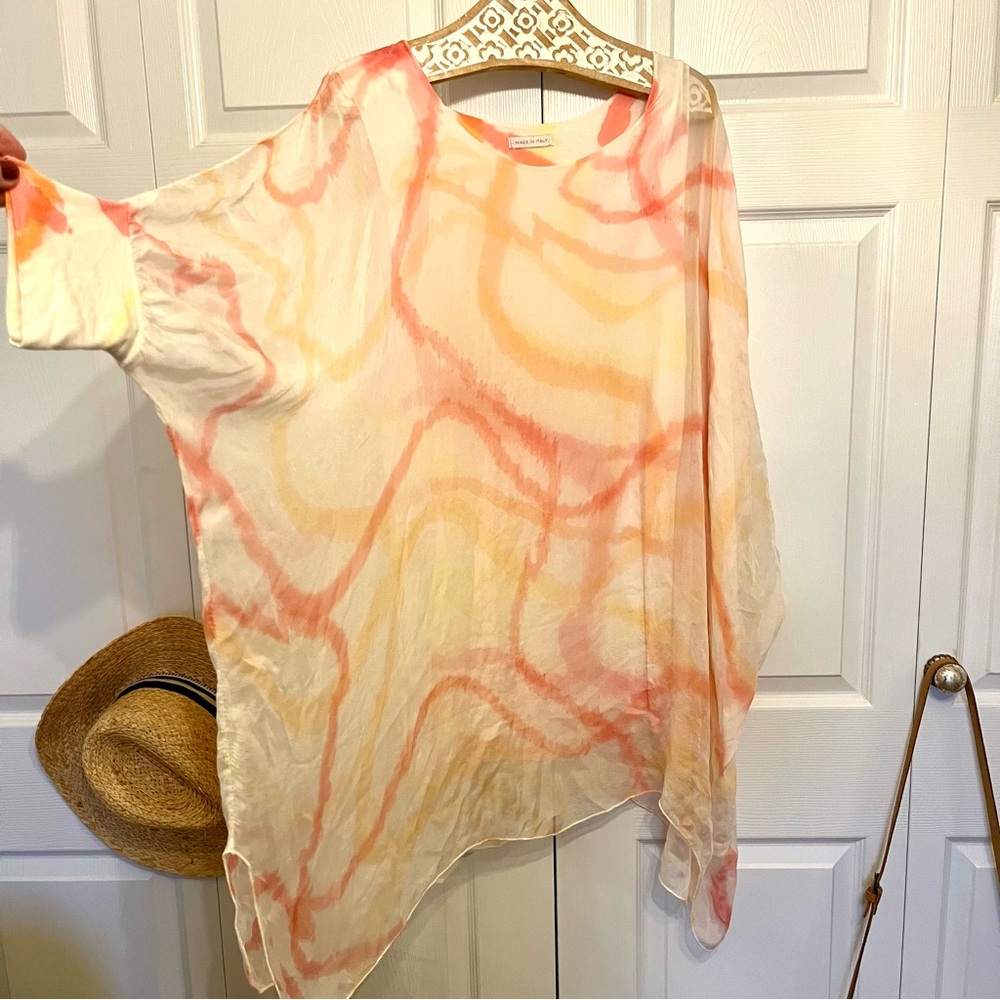 Flowy Silk Multicolor Abstract Tunic , Made in Italy , Sz L